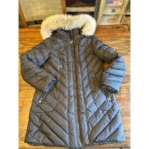 Anne Klein Down Feather Puffer Coat Faux Fur Trimmed Hooded Quilted Black‎